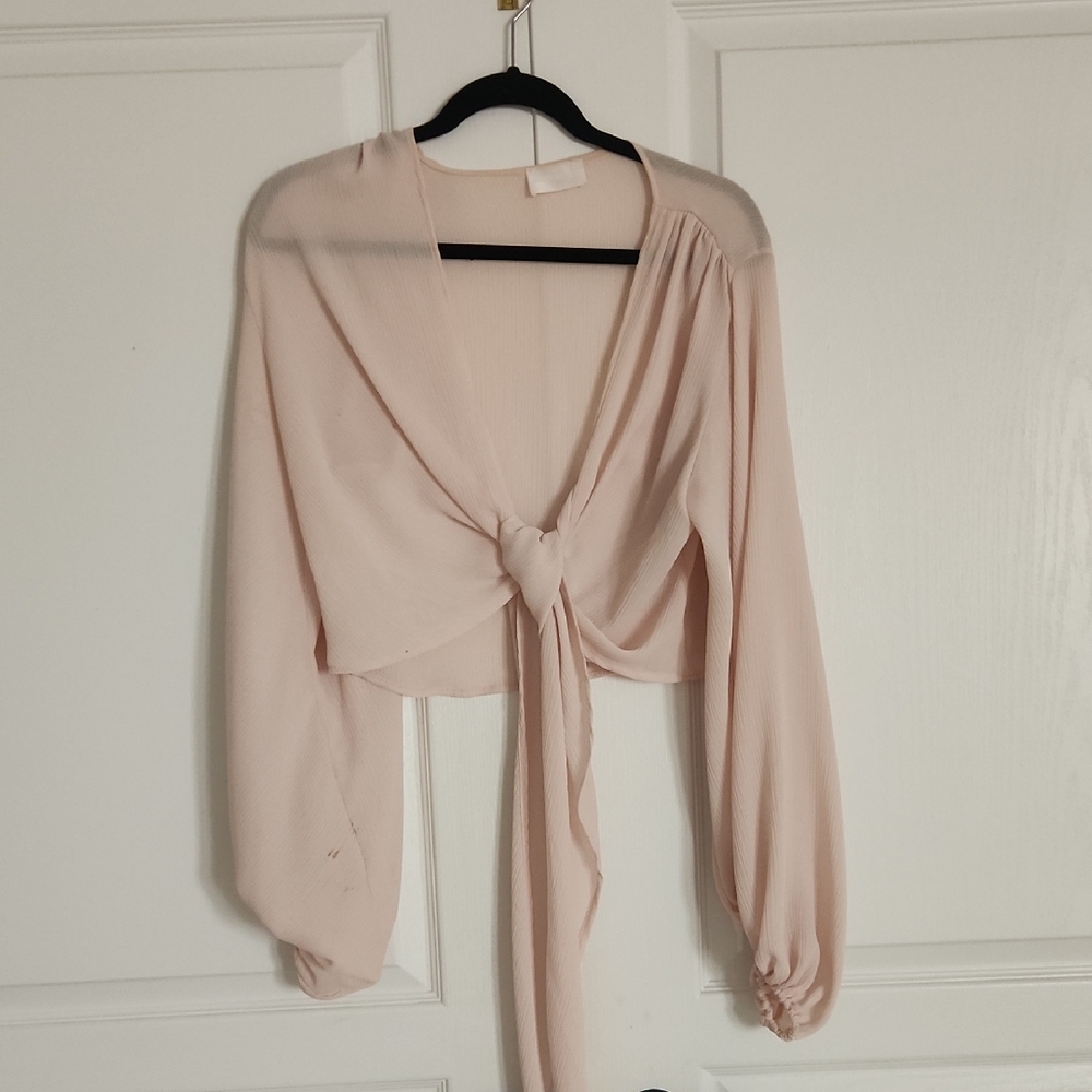 Seven Sisters Tie-Front Sheer Blush Flowy Sleeves Crop Top